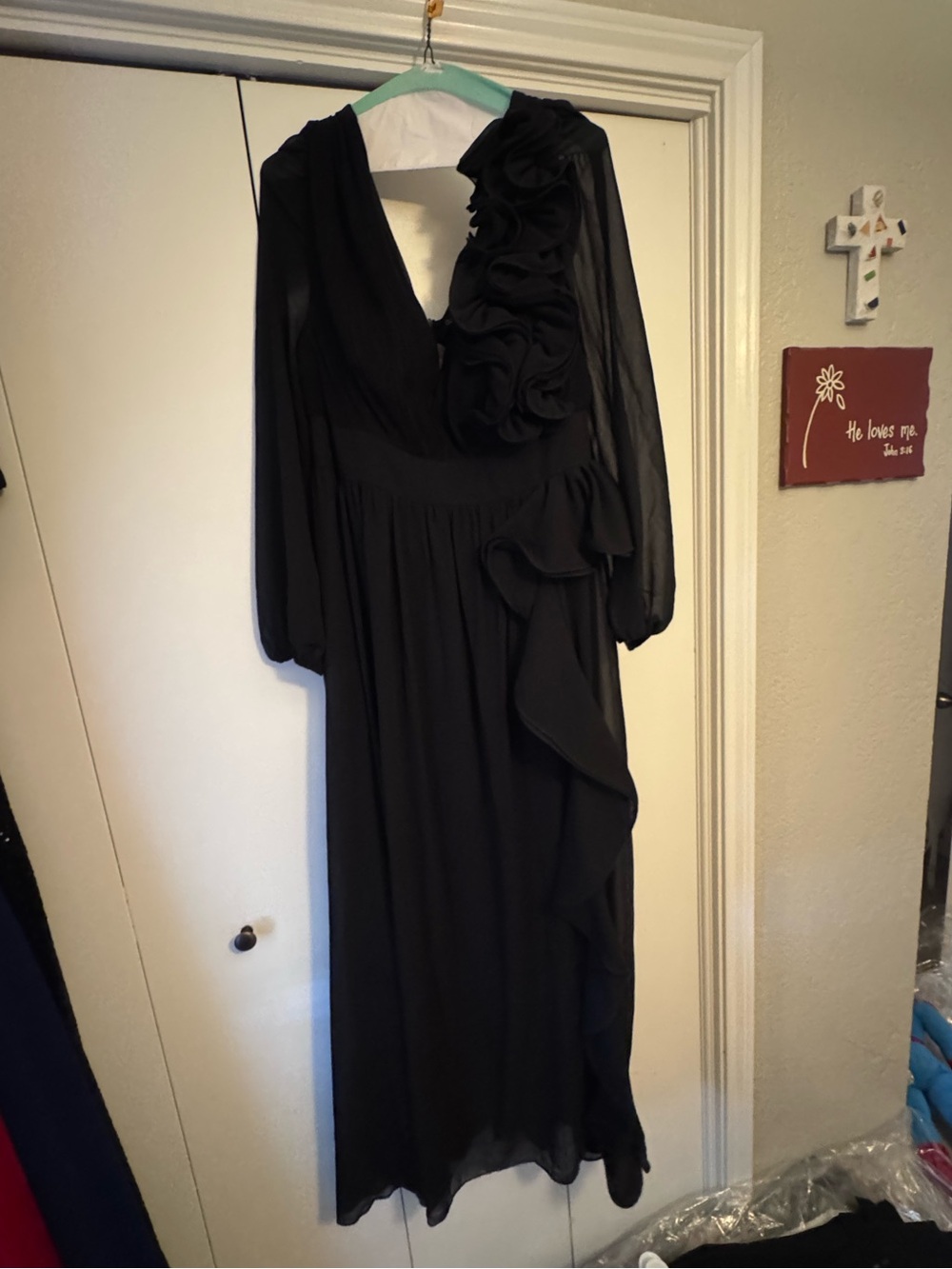 Black Ruffled Long Sleeve Maxi Dress - Women